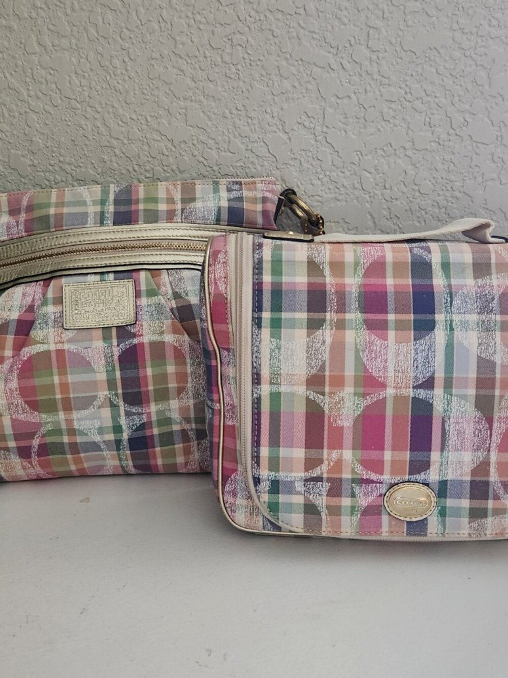 Euc Coach Poppy Daisy Madras Plaid Crossbdy Bag & Cosmetic Bag
